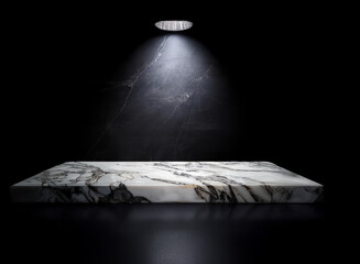 Leinwandbilder - A sleek, white marble platform is dramatically lit from above against a dark stone backdrop.  The scene is minimalist and elegant, perfect for showcasing a product.