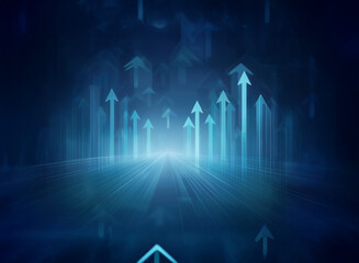Aufkleber - Abstract image depicting a futuristic, technological landscape with numerous glowing blue arrows pointing upwards, symbolizing growth and progress.  The scene evokes a sense of movement and positive t