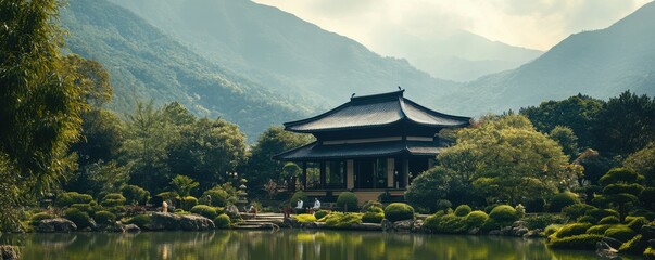 A tranquil zen temple nestled in the mountains, where monks meditate in serene gardens.