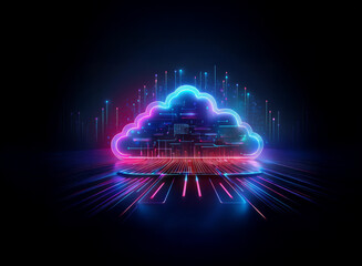Fototapete - A vibrant, glowing cloud symbol with integrated circuits and data streams, representing digital technology and cloud computing.  The cloud sits atop a reflective surface with radiating light streaks s