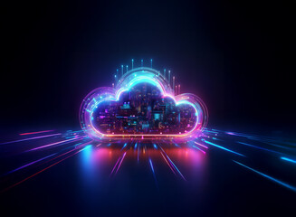 Aufkleber - A vibrant, glowing cloud symbol, filled with intricate circuitry and data streams, represents the power and complexity of cloud computing and data storage.  Light trails emanate outward, suggesting sp