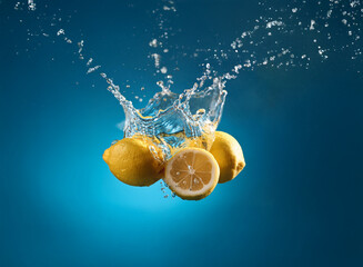 Poster - Lemons splashing into clear blue water, creating a vibrant, refreshing scene.  The yellow citrus fruits contrast beautifully against the deep blue backdrop.