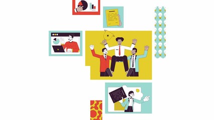 Poster - Team work diversity bento grid animation. Office job. Collaboration teamwork. Multicultural colleagues collage motion 4K video web design. Animated cartoon characters collection mood board