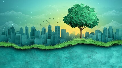 Wall Mural - Cityscape sunrise, green tree, environmental hope