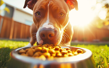 Dog Enjoying Meal: A close-up shot of a brown and white dog happily eating kibble from a stainless steel bowl in a sun-drenched backyard.