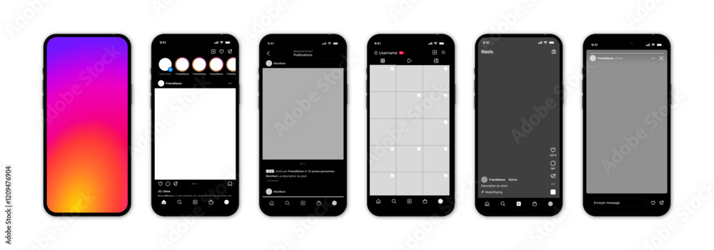 Instagram Comm Instagram social network app UI interface mockup design. Modern social ...