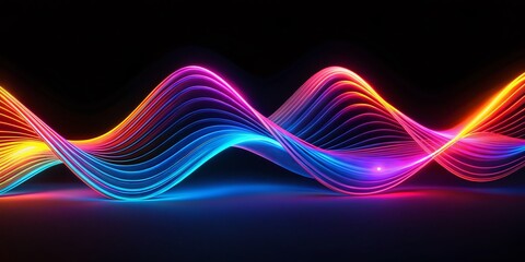 Poster - Abstract 3D Waveform: Neon Pink, Blue & Orange on Black - Minimalist Digital Art