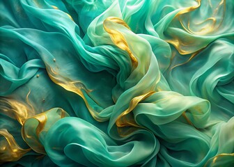 Poster - Abstract Aquamarine Silk Background with Golden Fluid Lines and Pastel Green Texture - Double Exposure Stock Photo