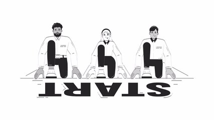 Poster - Corporate competition hand drawn whiteboard sketch animation. Three diverse professionals crouching at starting line 4K video. Career ambitious start animated handdrawn concept pencil drawing