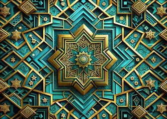 Poster - Abstract Geometric Urban Exploration: Blue, Turquoise, & Gold Intricate Design on Black