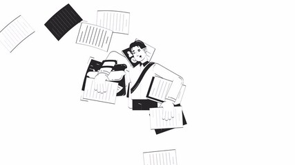 Poster - Professional juggling multiple tasks hand drawn whiteboard sketch animation. Overwhelmed businessman with paperwork 4K video. Flying papers, office overload animated handdrawn concept pencil drawing