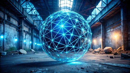 Poster - Abstract Neon Blue Wireframe Sphere: Urban Exploration Photography