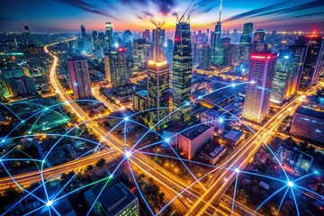 Poster - Abstract Network Data Flow: Aerial View of Futuristic Cityscape Representing Digital Business Solutions