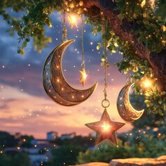 Wall Mural - enchanting twilight: celestial dreamscape with crescent moons and twinkling stars hanging from lush 