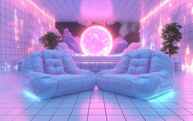 Aufkleber - Two pastel armchairs face a large pink moon in a futuristic, neon-lit room.