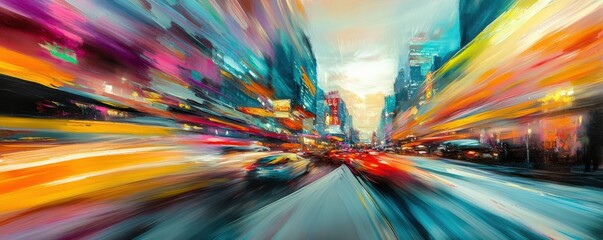 Wall Mural - a vibrant abstract painting capturing the feeling of a city in motion, with streaks of color represe