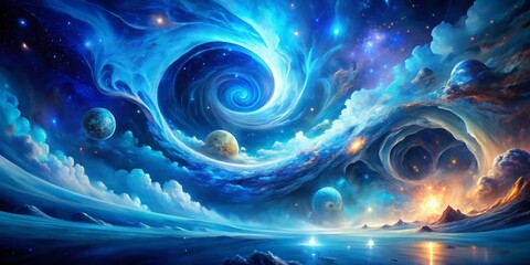 Poster - Abstract Surreal Blue Fluid Shapes: Dreamlike Swirling Cosmic Nebula
