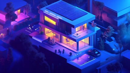 Poster - Eco-friendly smart home with a digital energy management interface, showcasing solar panels and battery storage for optimized power usage.