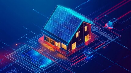Poster - Eco-friendly smart home with a digital energy management interface, showcasing solar panels and battery storage for optimized power usage.