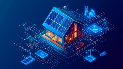 Poster - Eco-friendly smart home with a digital energy management interface, showcasing solar panels and battery storage for optimized power usage.