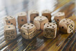 © tfk - Set of wooden dice mockups for customizable text and icons, isolated design elements, top view, flat lay composition. Generative Ai.