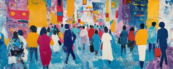 Wall Mural - a vibrant acrylic painting of a bustling city street scene.