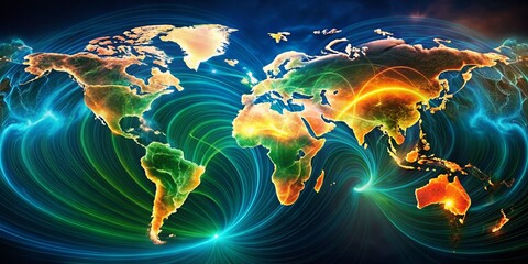 Poster - Abstract World Map: Radio Wave Signals Panoramic