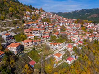 Wall Mural - Metsovo is one of the most beautiful villages in Greece, located in the mountain of Pindos, popular winter holiday destination, Aerial drone view