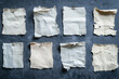 © DBFilms - A detailed composition of torn paper notes in various sizes, textures, and tones, clipped together with metallic paper clips, set on a textured dark background. Horizontal format.