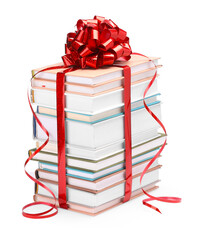 Wall Mural - Stack of books with red bow as gift isolated on white