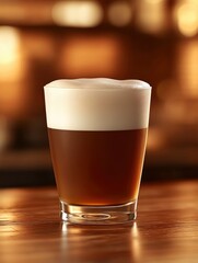 Wall Mural - a glass of beer with foam on top sitting in front of wooden table, golden light from behind, 