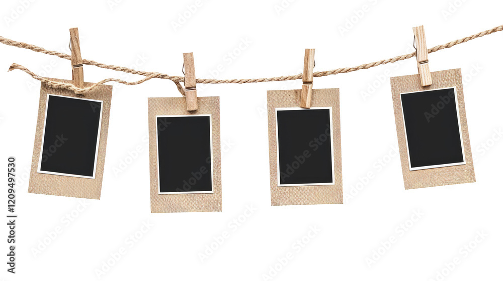Four blank instant photo frames hanging on a rope isolated on ...