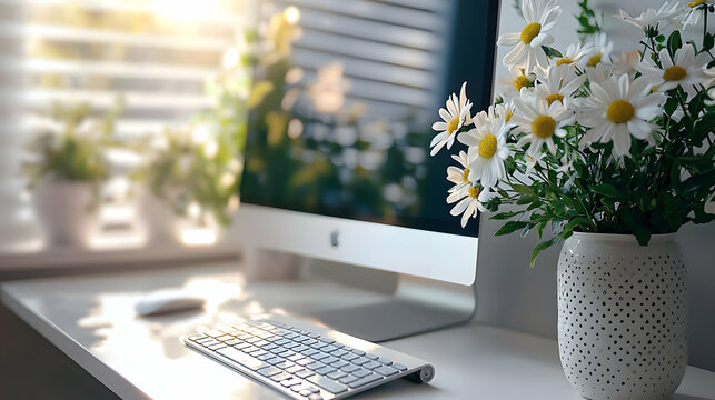 White Daisies Brighten Desk Workspace
