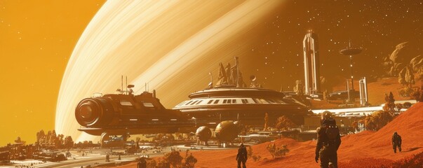 Wall Mural - a bustling space station orbiting a gas giant planet.
