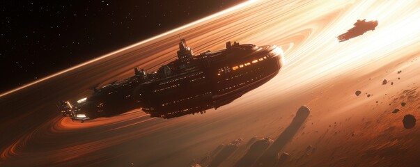 Wall Mural - a bustling space station orbiting a gas giant planet.