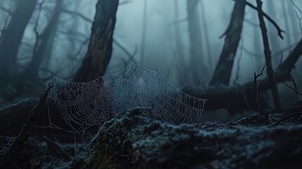 Dew-covered spider web in a misty forest, close-up and intricate nature detail  