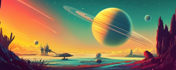Wall Mural - a bustling space station orbiting a gas giant planet.