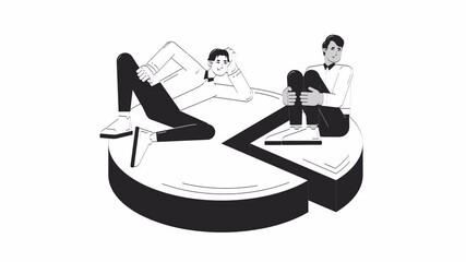 Poster - Corporate financial disparity hand drawn whiteboard sketch animation. Two professionals seated on unequal segments of pie chart 4K video. Pay inequity animated handdrawn concept pencil drawing