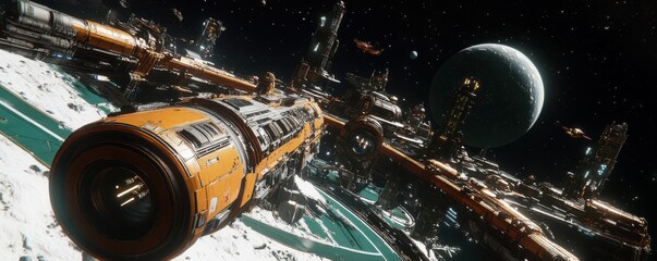 Wall Mural - a bustling space station serving as a hub for intergalactic commerce and trade.