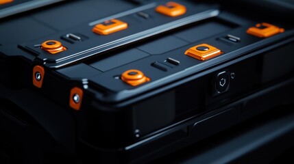 Wall Mural - Close-up of a Futuristic Black Device with Orange Details