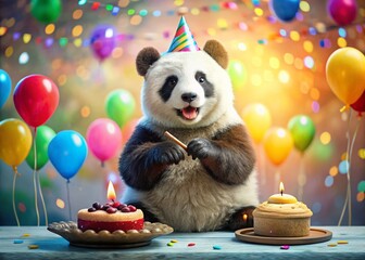 Wall Mural - Adorable Panda Birthday Bash: Bokeh Balloons & Confetti Celebration