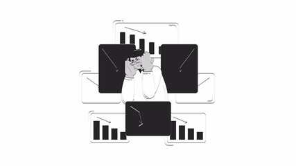 Poster - Overwhelmed businessman with declining charts hand drawn whiteboard sketch animation. Business downturn 4K video. Graphs analysis financial losses animated handdrawn concept pencil drawing