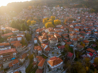 Wall Mural - Metsovo is one of the most beautiful villages in Greece, located in the mountain of Pindos, popular winter holiday destination, Aerial drone view