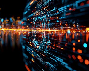 Poster - Futuristic digital data stream with glowing circles and city lights.