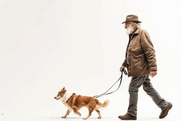 Wall Mural - Old man walking a dog mammal animal adult