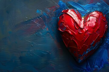 Poster - Oil painting of a red heart on a blue textured background representing love, passion, and artistic expression