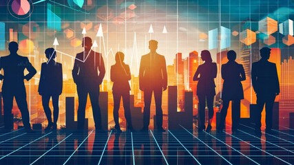 Leinwandbilder - Silhouettes of business professionals in vibrant city skyline, showcasing teamwork and success in corporate finance, driving growth through collaboration and innovation.