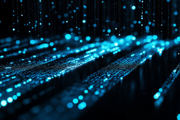 Poster - Blue digital binary data on computer screen background