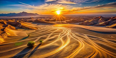 Poster - Aerial Drone View of Geometric Shapes Brush Stroke Doodle Art in Desert Landscape