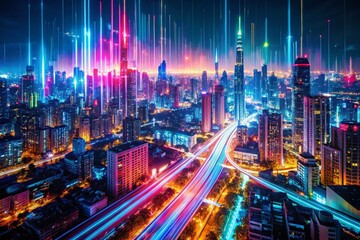 Poster - Aerial Glitch Cityscape: Cyber Attack Digital Distortion